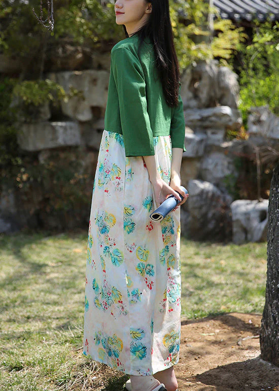 Green Pockets Patchwork Cotton Dresses V Neck Bracelet Sleeve - Image 4