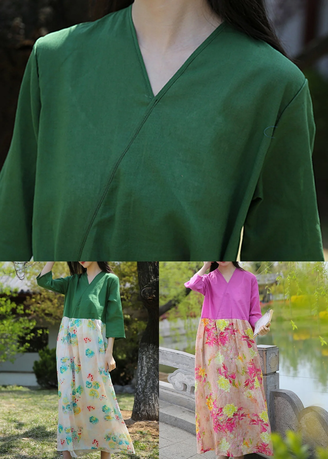 Green Pockets Patchwork Cotton Dresses V Neck Bracelet Sleeve - Image 5