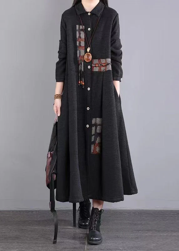 Green Pockets Patchwork Warm Fleece Maxi Dresses Peter Pan Collar Winter - Image 2