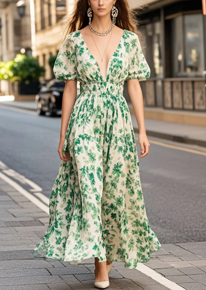 Green Print Chiffon Long Dresses Deep-V Neck Puff Sleeve - Image 5