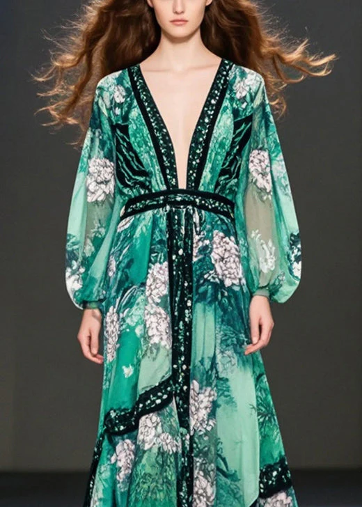 Green Print Chiffon Maxi Dresses Deep-V Neck Spring - Image 2