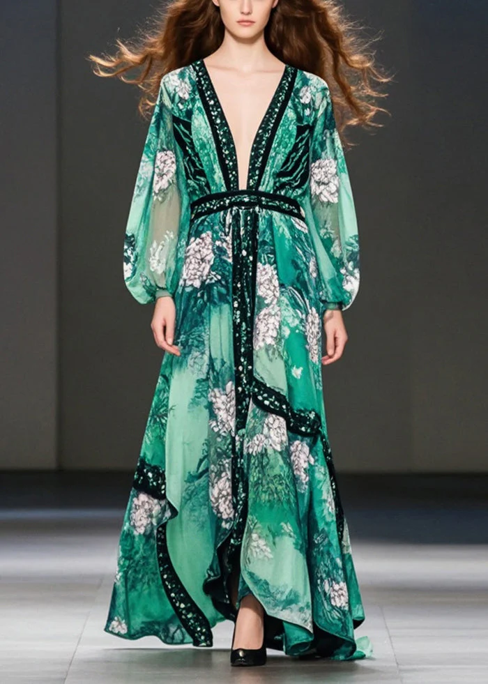 Green Print Chiffon Maxi Dresses Deep-V Neck Spring - Image 3