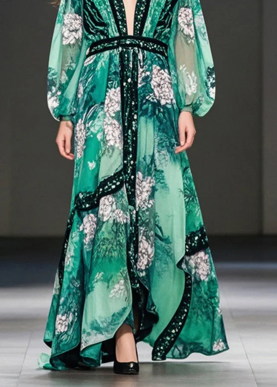 Green Print Chiffon Maxi Dresses Deep-V Neck Spring - Image 4