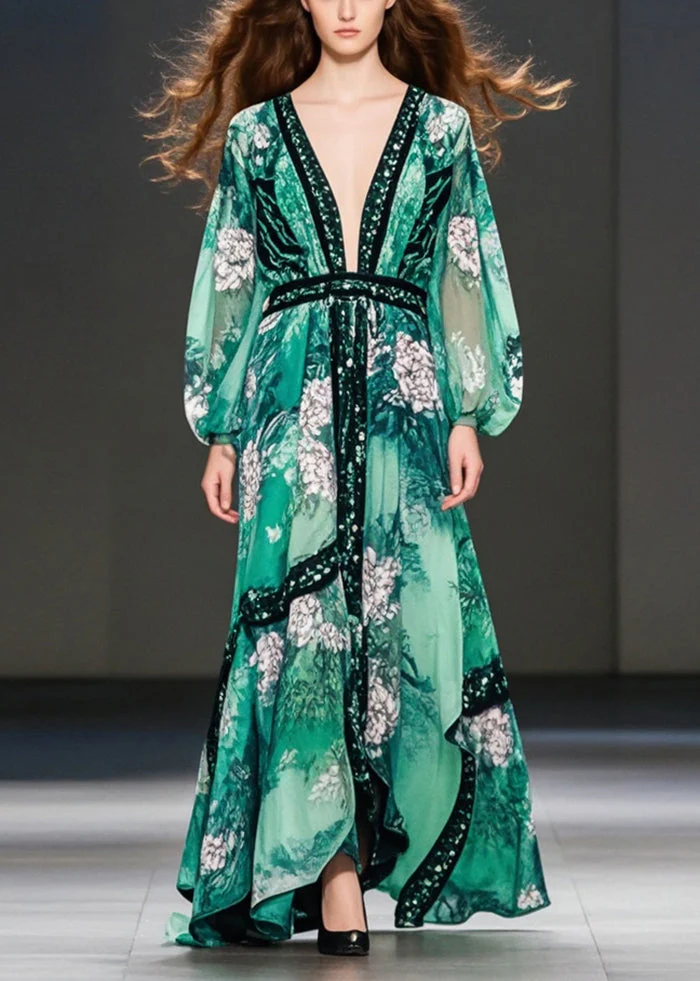 Green Print Chiffon Maxi Dresses Deep-V Neck Spring - Image 5