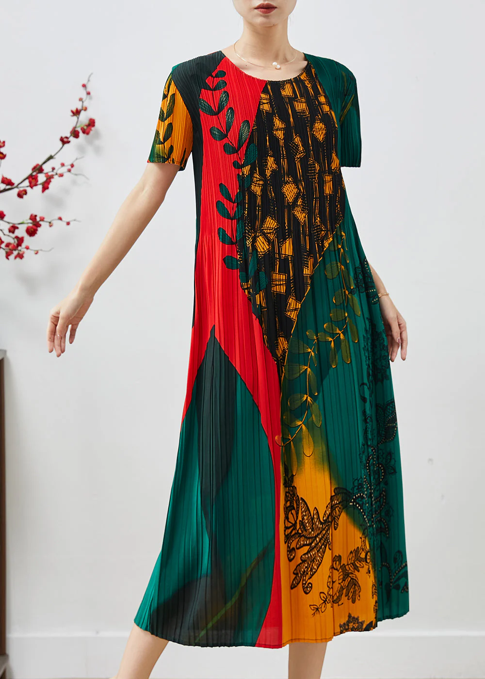 Green Print Chiffon Vacation Dresses Wrinkled Summer - Image 2