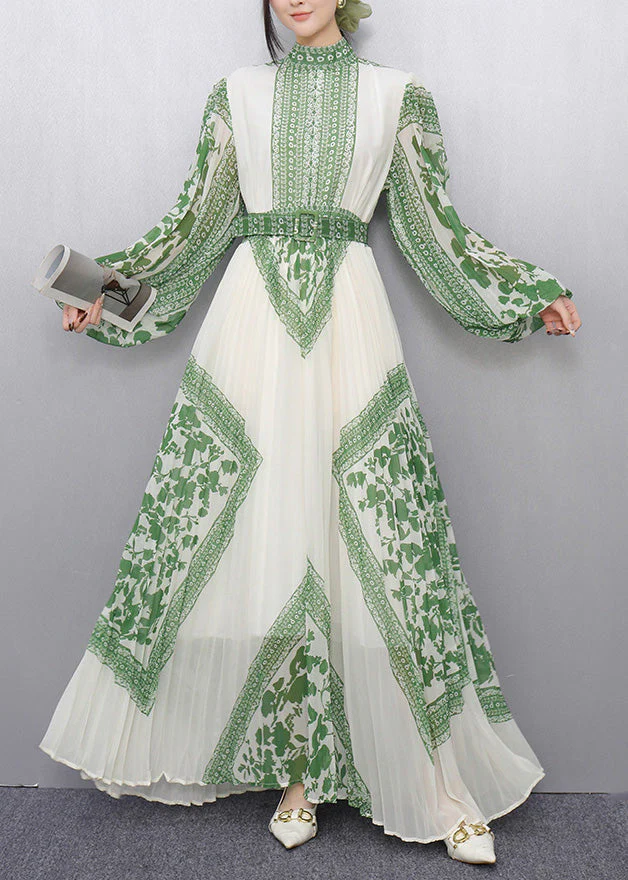 Green Print Chiffon Vestidos Dress Cinched Wrinkled Summer