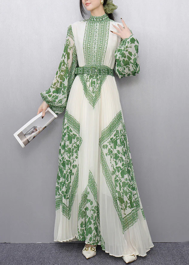 Green Print Chiffon Vestidos Dress Cinched Wrinkled Summer - Image 2