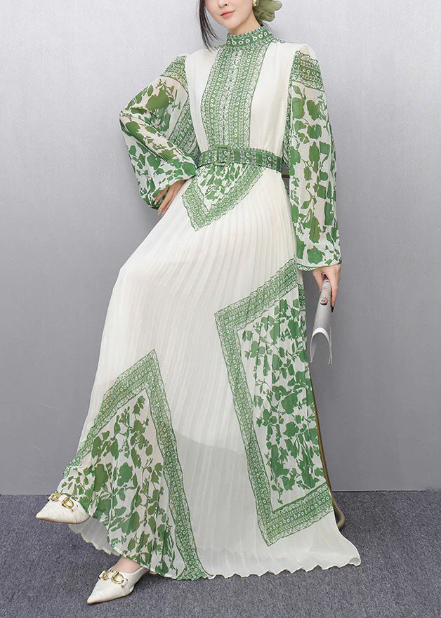 Green Print Chiffon Vestidos Dress Cinched Wrinkled Summer - Image 3