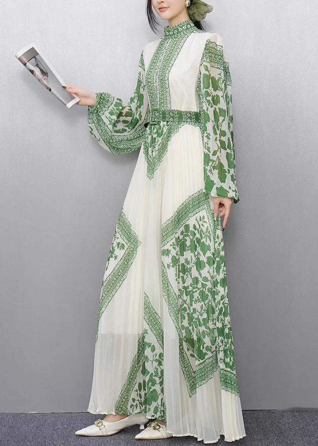 Green Print Chiffon Vestidos Dress Cinched Wrinkled Summer - Image 4