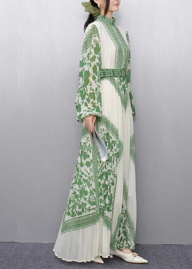 Green Print Chiffon Vestidos Dress Cinched Wrinkled Summer - Image 5