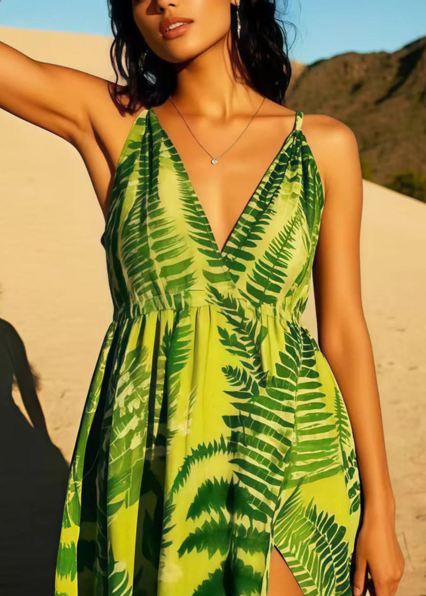 Green Print Cotton Cami Dresses Side Open Summer - Image 2