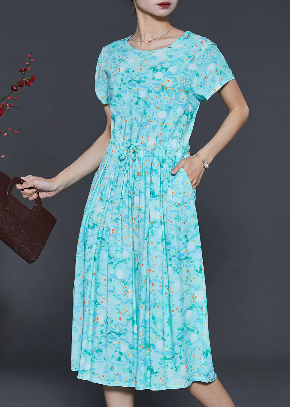 Green Print Cotton Holiday Dress Cinched Summer - Image 2