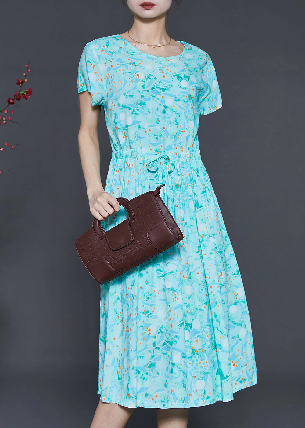 Green Print Cotton Holiday Dress Cinched Summer - Image 3