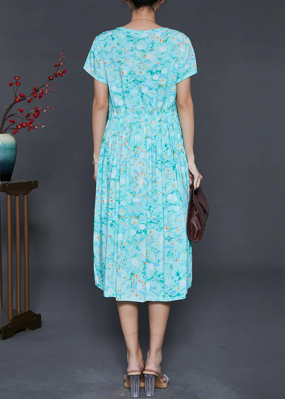 Green Print Cotton Holiday Dress Cinched Summer - Image 4