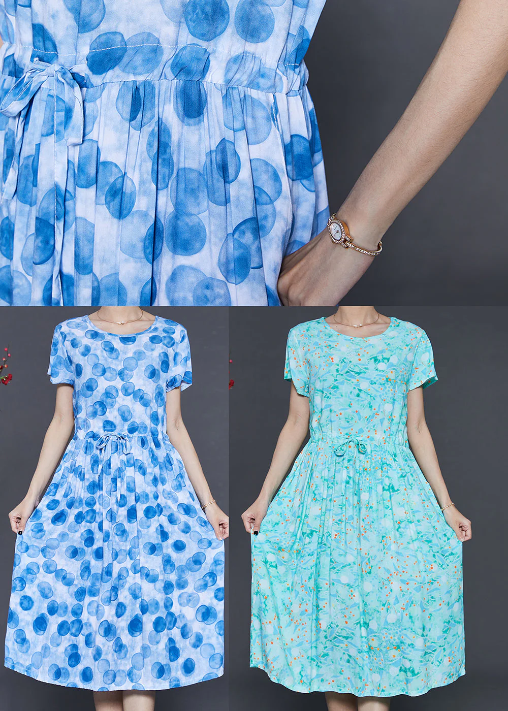 Green Print Cotton Holiday Dress Cinched Summer - Image 5