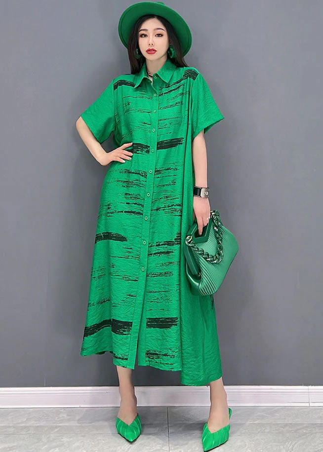 Green Print Cotton Loose Shirt Dress Peter Pan Collar Button Short Sleeve - Image 2