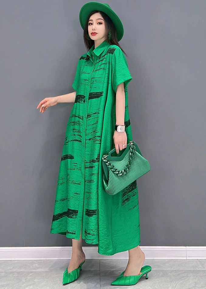 Green Print Cotton Loose Shirt Dress Peter Pan Collar Button Short Sleeve - Image 3