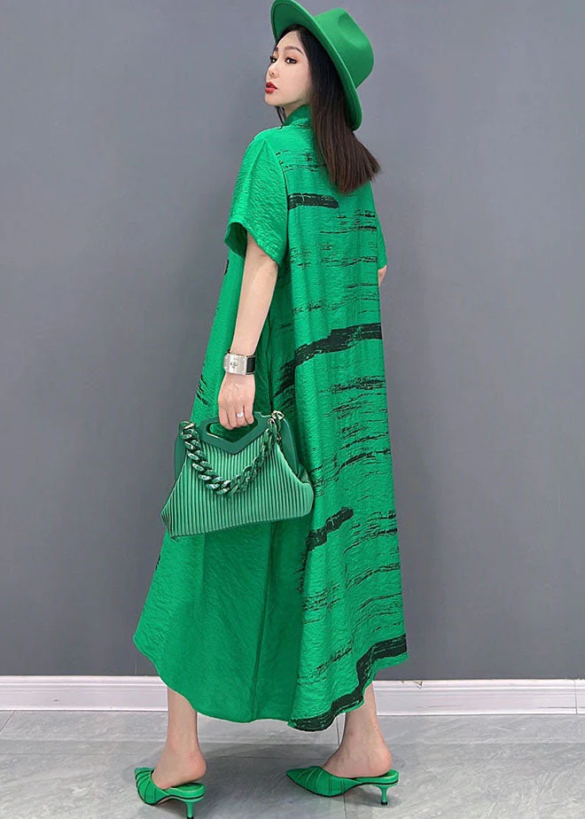 Green Print Cotton Loose Shirt Dress Peter Pan Collar Button Short Sleeve - Image 4