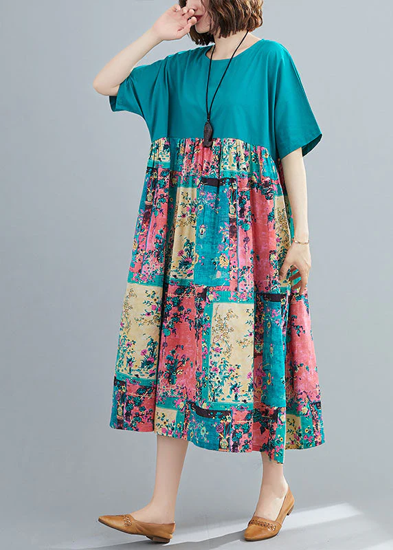 Green Print Cotton Maxi Dresses O-Neck Oversized Summer - Image 2