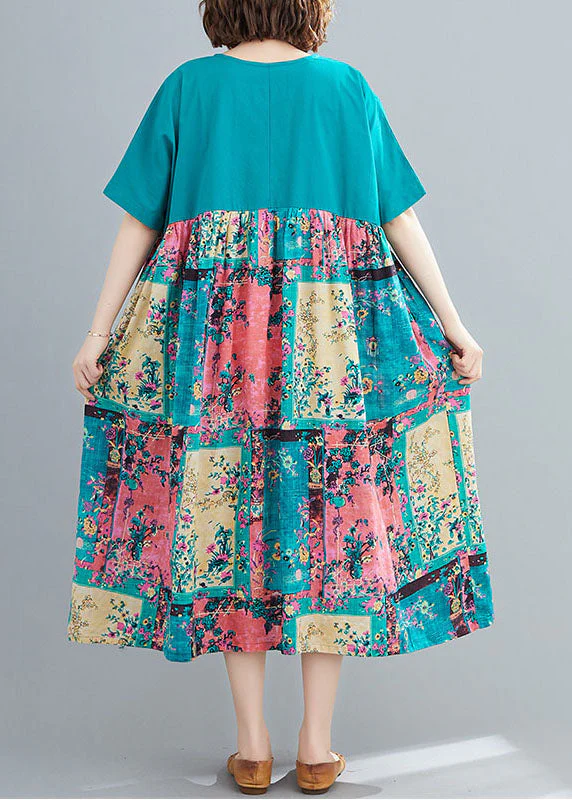 Green Print Cotton Maxi Dresses O-Neck Oversized Summer - Image 4