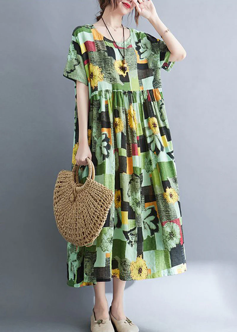 Green Print Cotton Vacation Dress Oversized Exra Large Hem Summer - Image 3