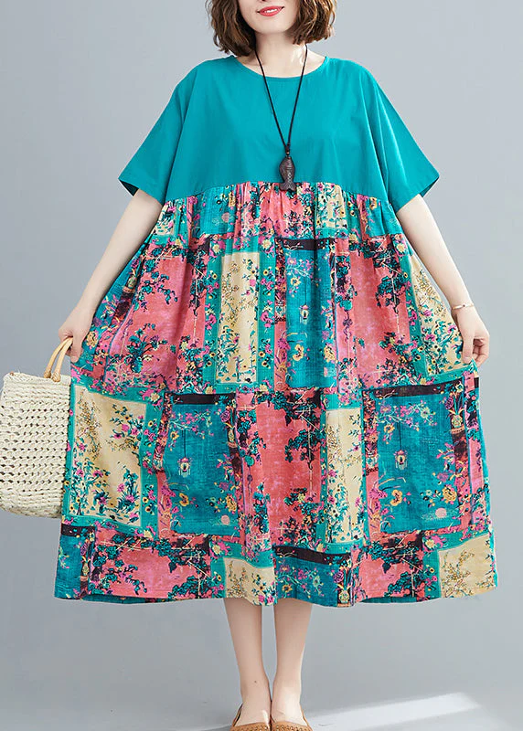 Green Print Extra large hem Dresses Wrinkled Short Sleeve - Image 2