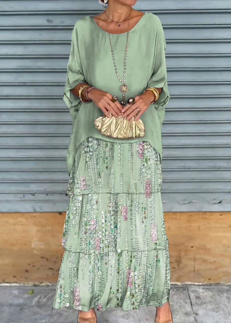 Green Print False Two Pieces Dresses O Neck Bracelet Sleeve - Image 2