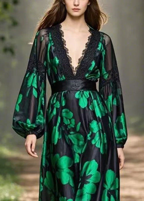 Green Print High Waist Silk Long Dress V Neck Spring - Image 2