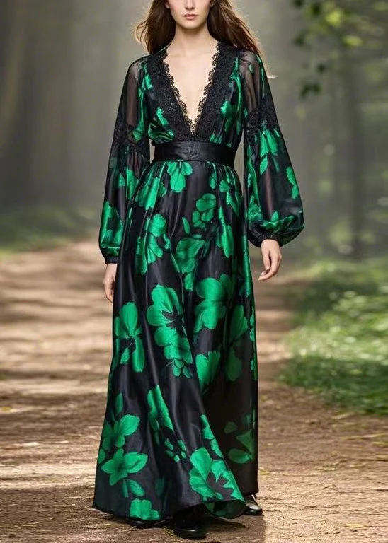 Green Print High Waist Silk Long Dress V Neck Spring - Image 3