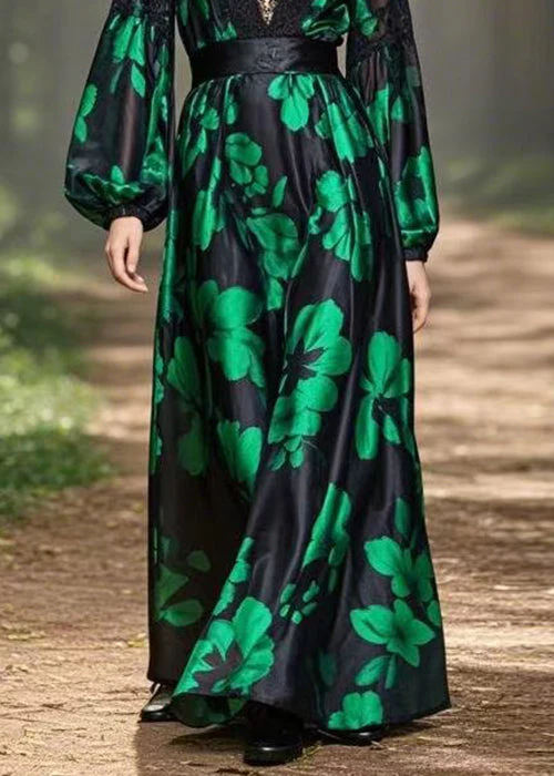 Green Print High Waist Silk Long Dress V Neck Spring - Image 4