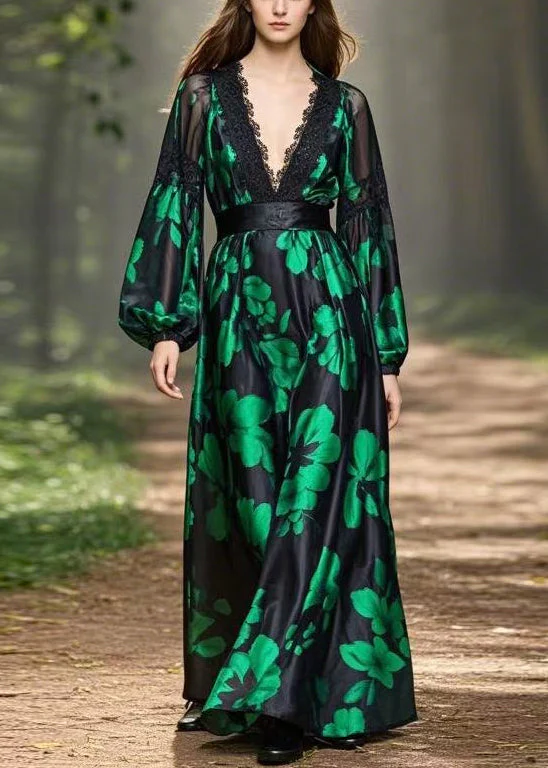 Green Print High Waist Silk Long Dress V Neck Spring - Image 5