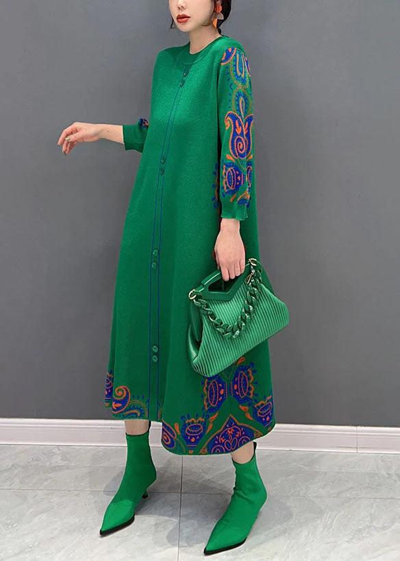 Green Print Knit Long Dresses O-Neck Slim Fit Spring - Image 2