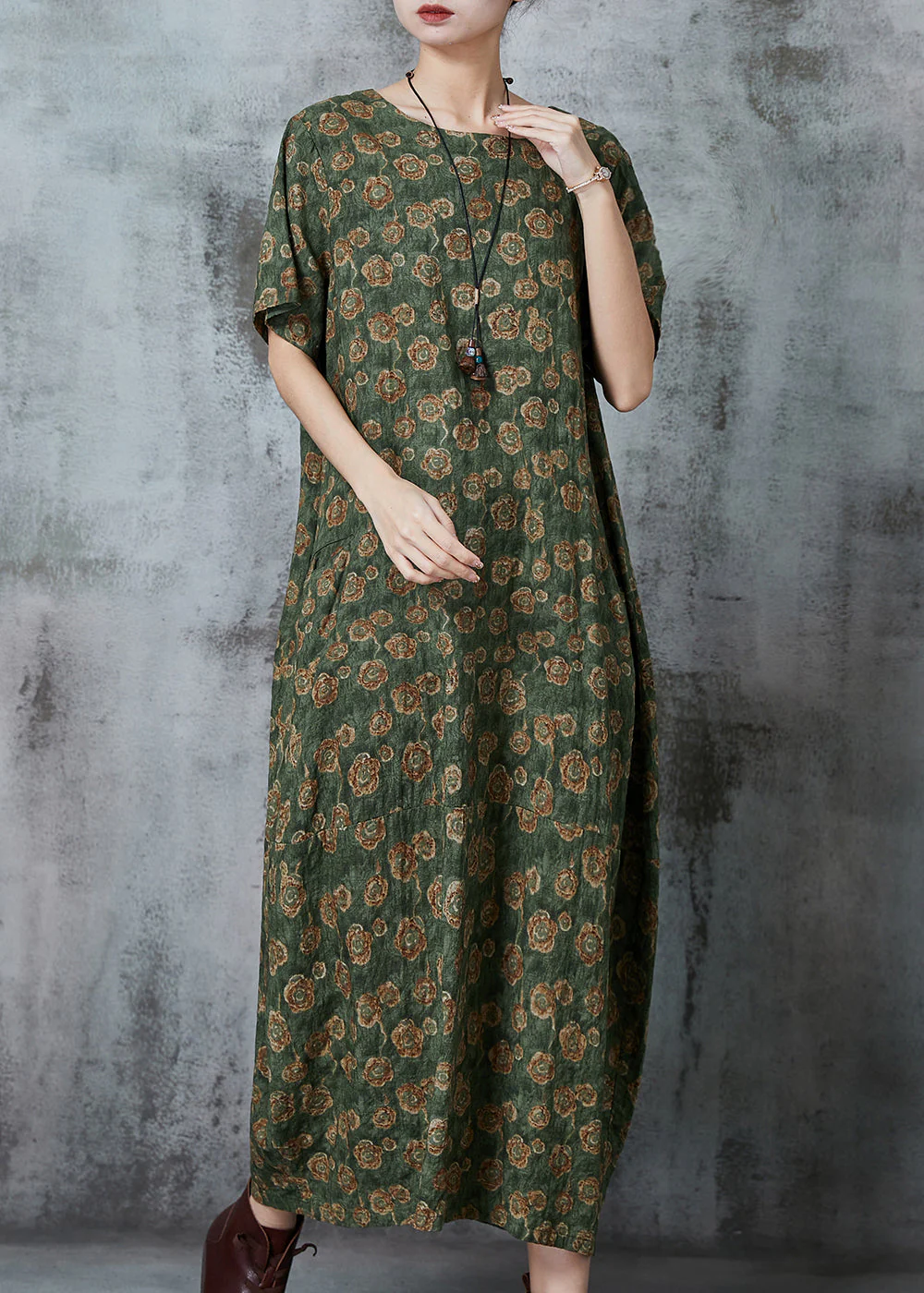 Green Print Linen Maxi Dresses Oversized Pockets Summer - Image 2