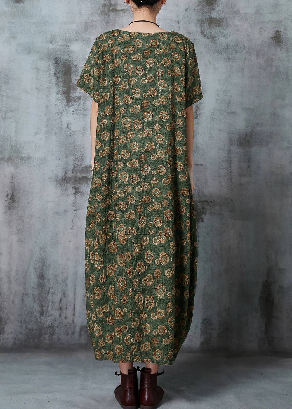 Green Print Linen Maxi Dresses Oversized Pockets Summer - Image 4