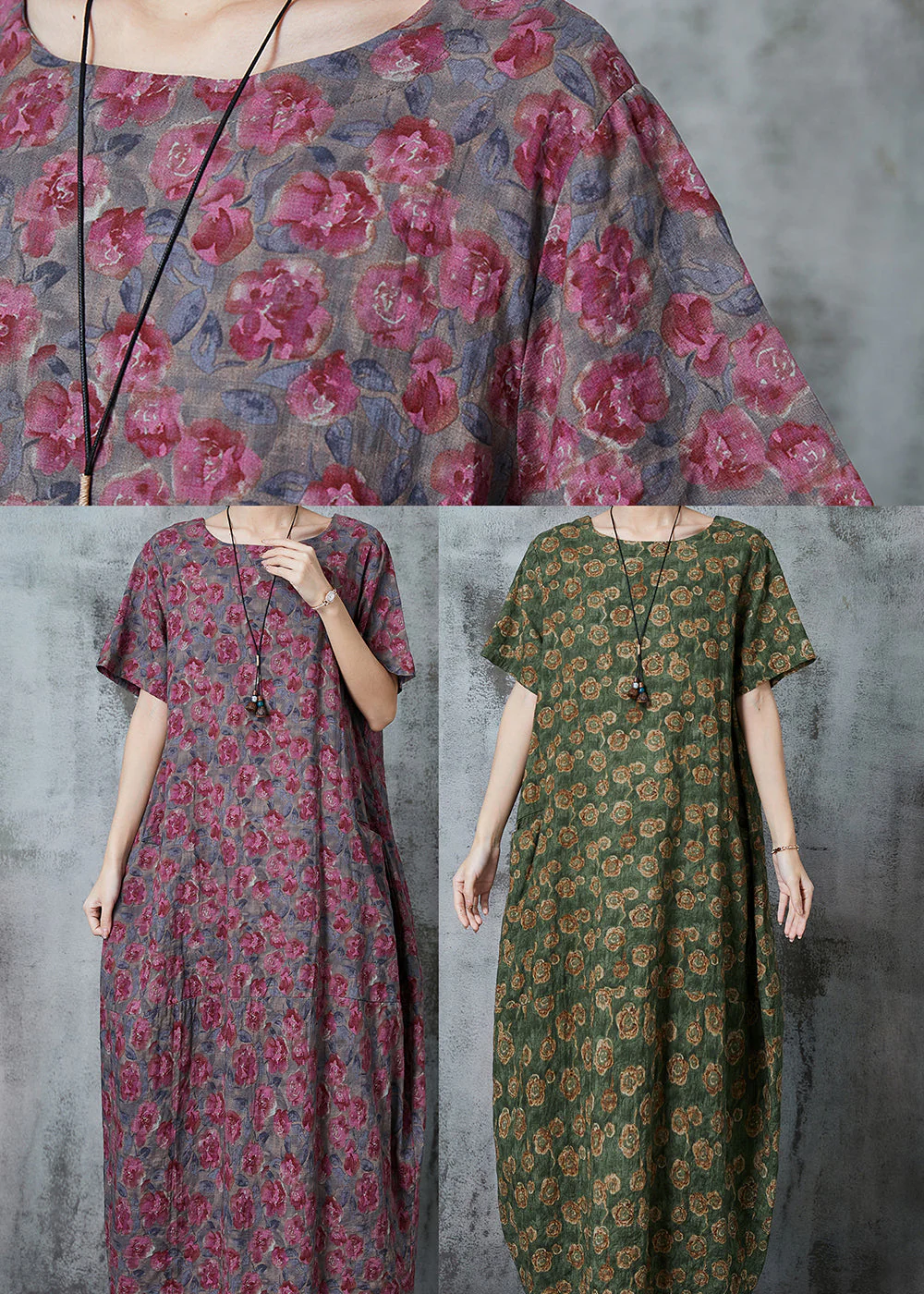 Green Print Linen Maxi Dresses Oversized Pockets Summer - Image 5