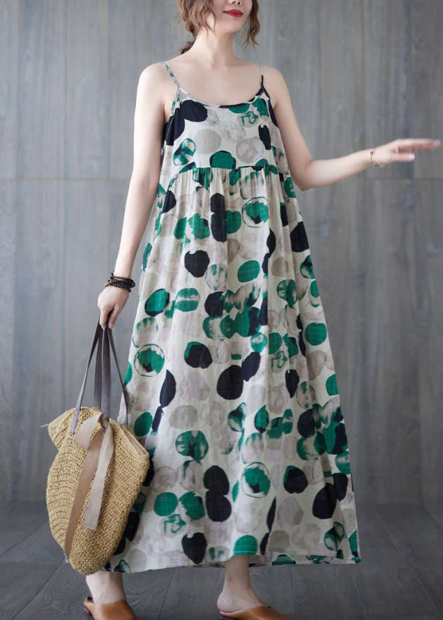 Green Print Linen Spaghetti Strap Beach Dresses Exra Large Hem Wrinkled Summer - Image 2