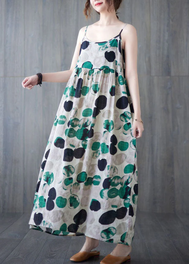 Green Print Linen Spaghetti Strap Beach Dresses Exra Large Hem Wrinkled Summer - Image 3