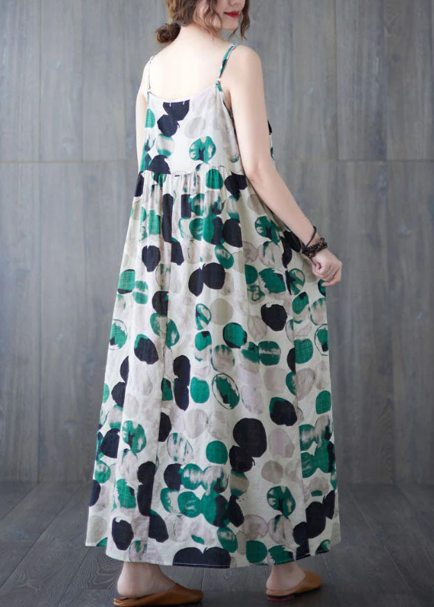 Green Print Linen Spaghetti Strap Beach Dresses Exra Large Hem Wrinkled Summer - Image 4