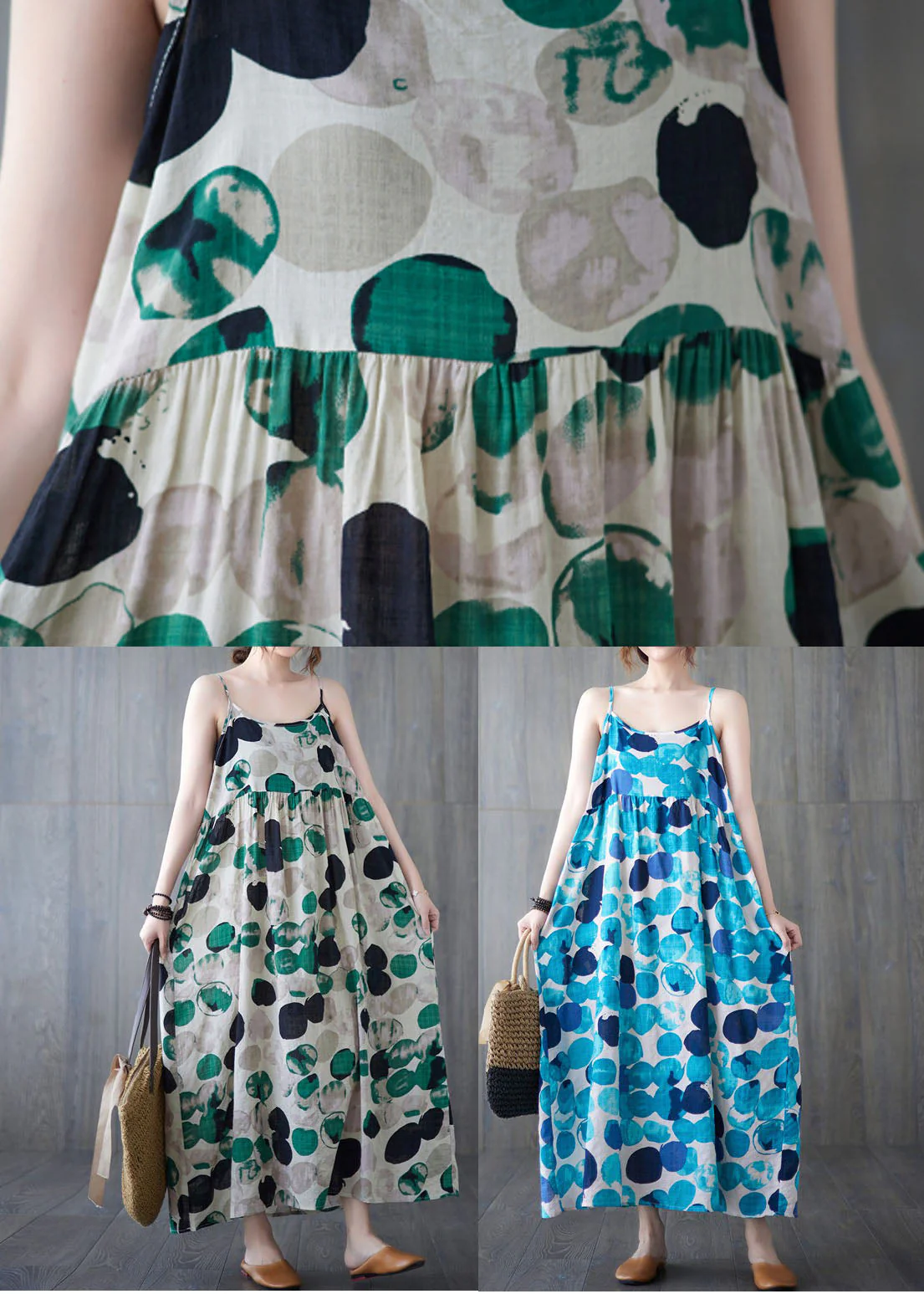 Green Print Linen Spaghetti Strap Beach Dresses Exra Large Hem Wrinkled Summer - Image 5
