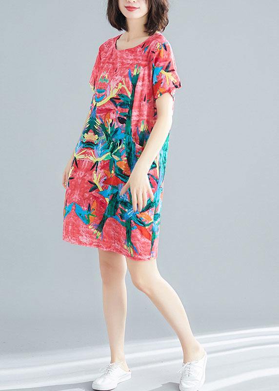 Green Print O-Neck Pockets Summer Short Sleeve Party Dresses - Image 2