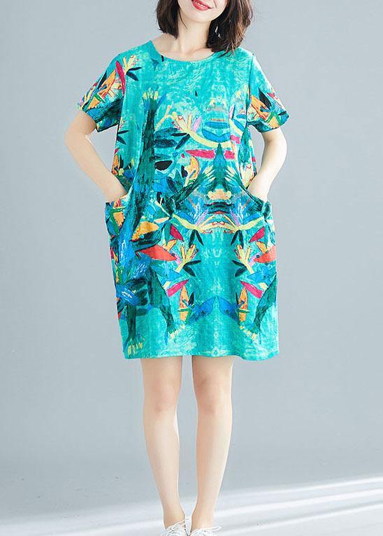Green Print O-Neck Pockets Summer Short Sleeve Party Dresses - Image 3
