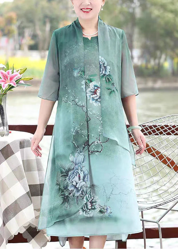 Green Print Patchwork Chiffon Dresses False Two Pieces Summer Half Sleeve - Image 2