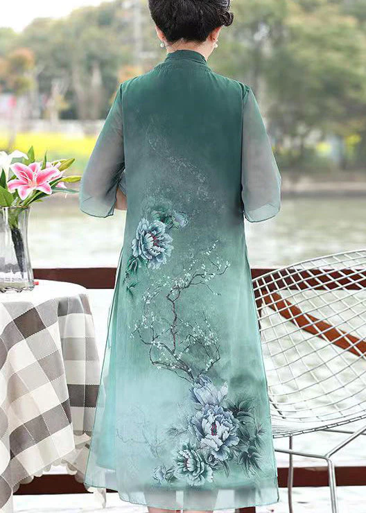 Green Print Patchwork Chiffon Dresses False Two Pieces Summer Half Sleeve - Image 4
