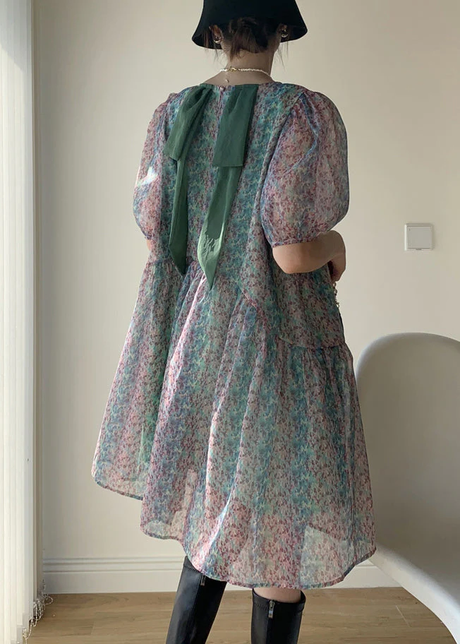 Green Print Patchwork Chiffon Mid Dress O Neck Puff Sleeve - Image 4