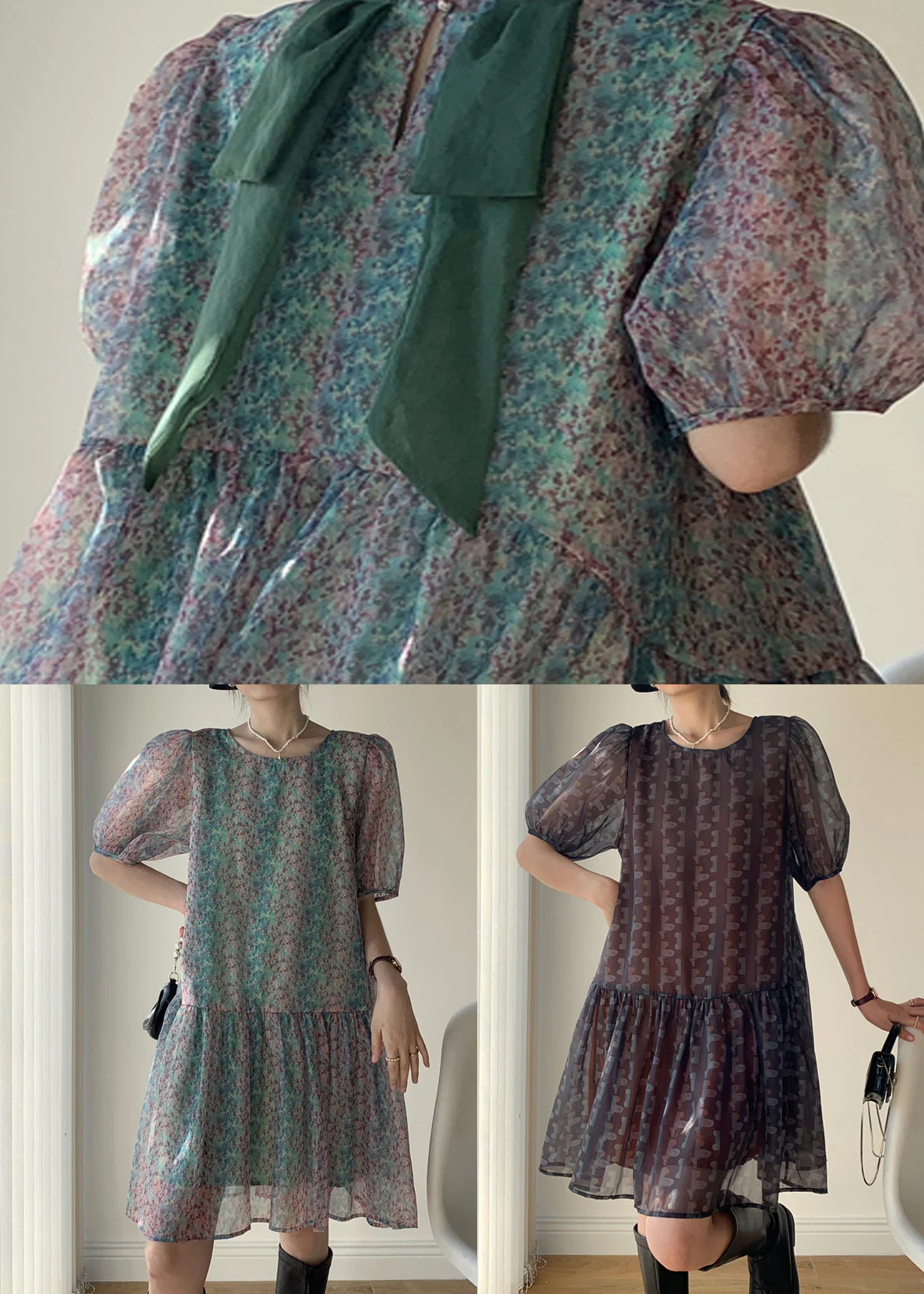 Green Print Patchwork Chiffon Mid Dress O Neck Puff Sleeve - Image 5
