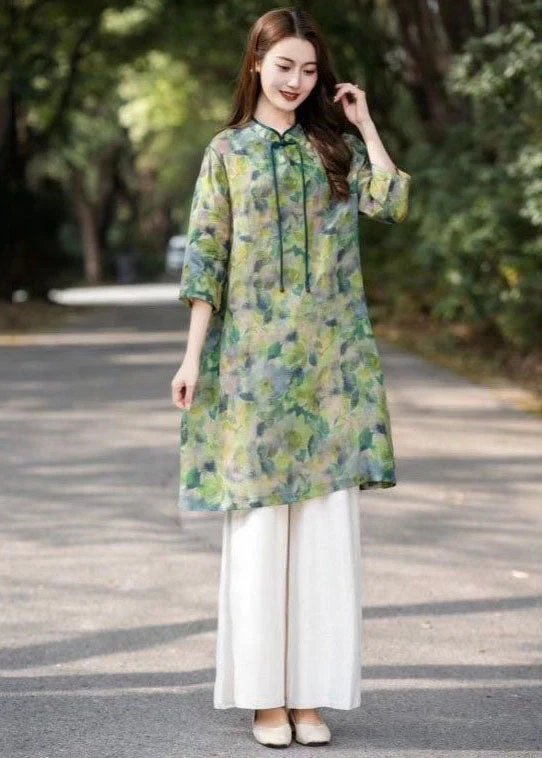 Green Print Patchwork Linen Shirts Dress Stand Collar Bracelet Sleeve - Image 2