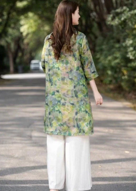 Green Print Patchwork Linen Shirts Dress Stand Collar Bracelet Sleeve - Image 3