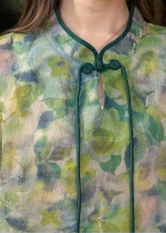 Green Print Patchwork Linen Shirts Dress Stand Collar Bracelet Sleeve - Image 4