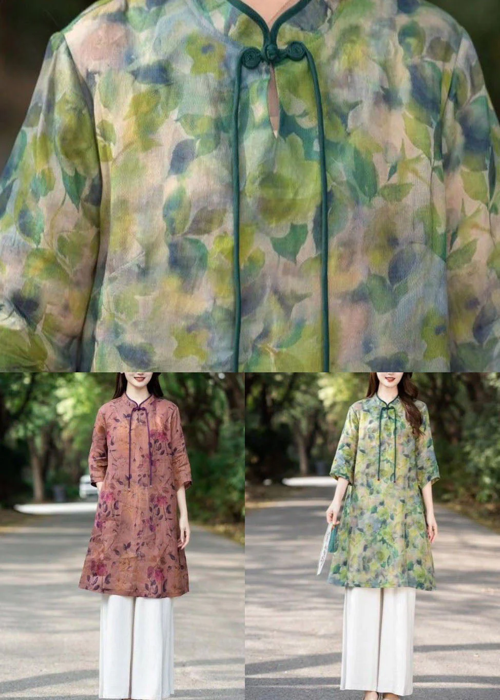 Green Print Patchwork Linen Shirts Dress Stand Collar Bracelet Sleeve - Image 5