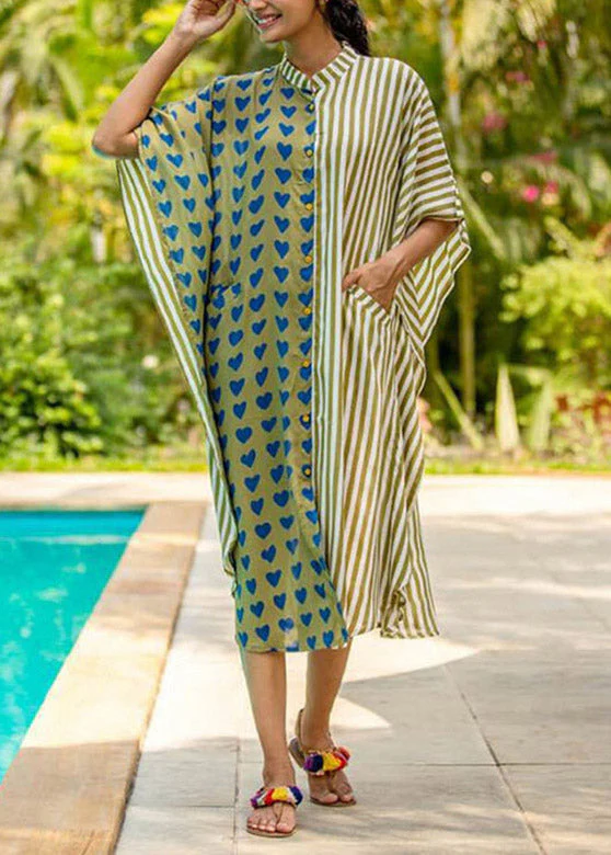 Green Print Patchwork Long Shirts Dresses Half Sleeve - Image 2